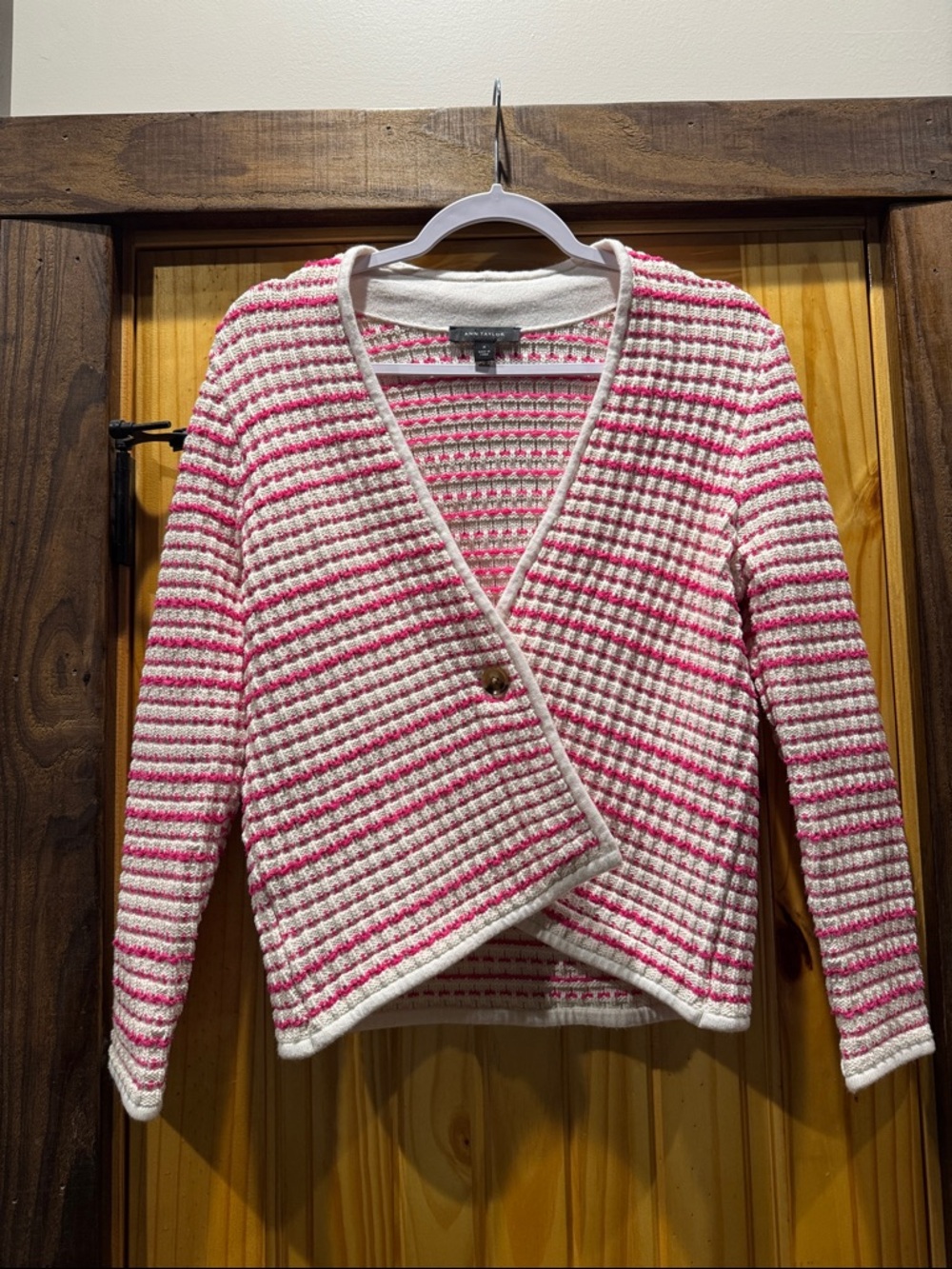 Ann Taylor Pink & White Striped Cardigan medium